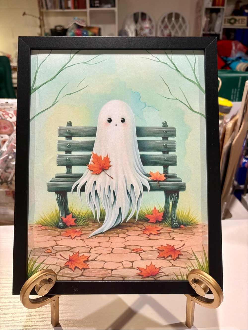 Whimsical White Ghost on Bench Framed 8x10 Art Print - Cute Fall Home Art